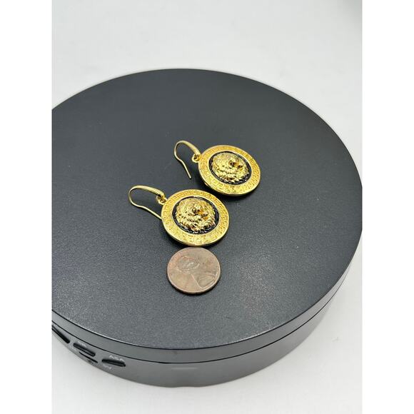 Bellezza Signed Gold Plated Lions Head Black Enamel Drop Dangle Earrings - Picture 7 of 8